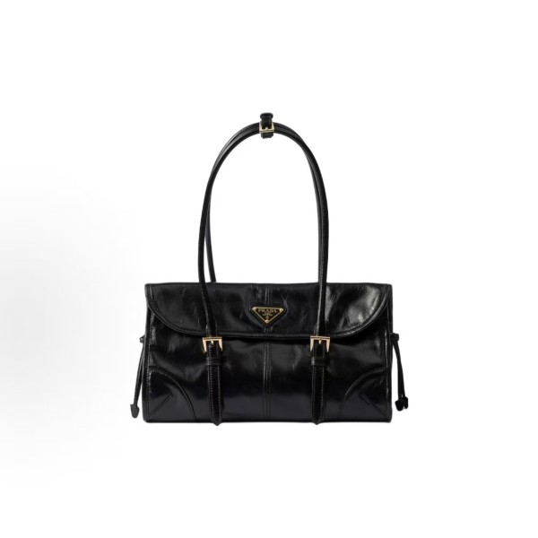 PRADA brand Logo magnetic clasp flip-top shoulder bag, medium size for women, black